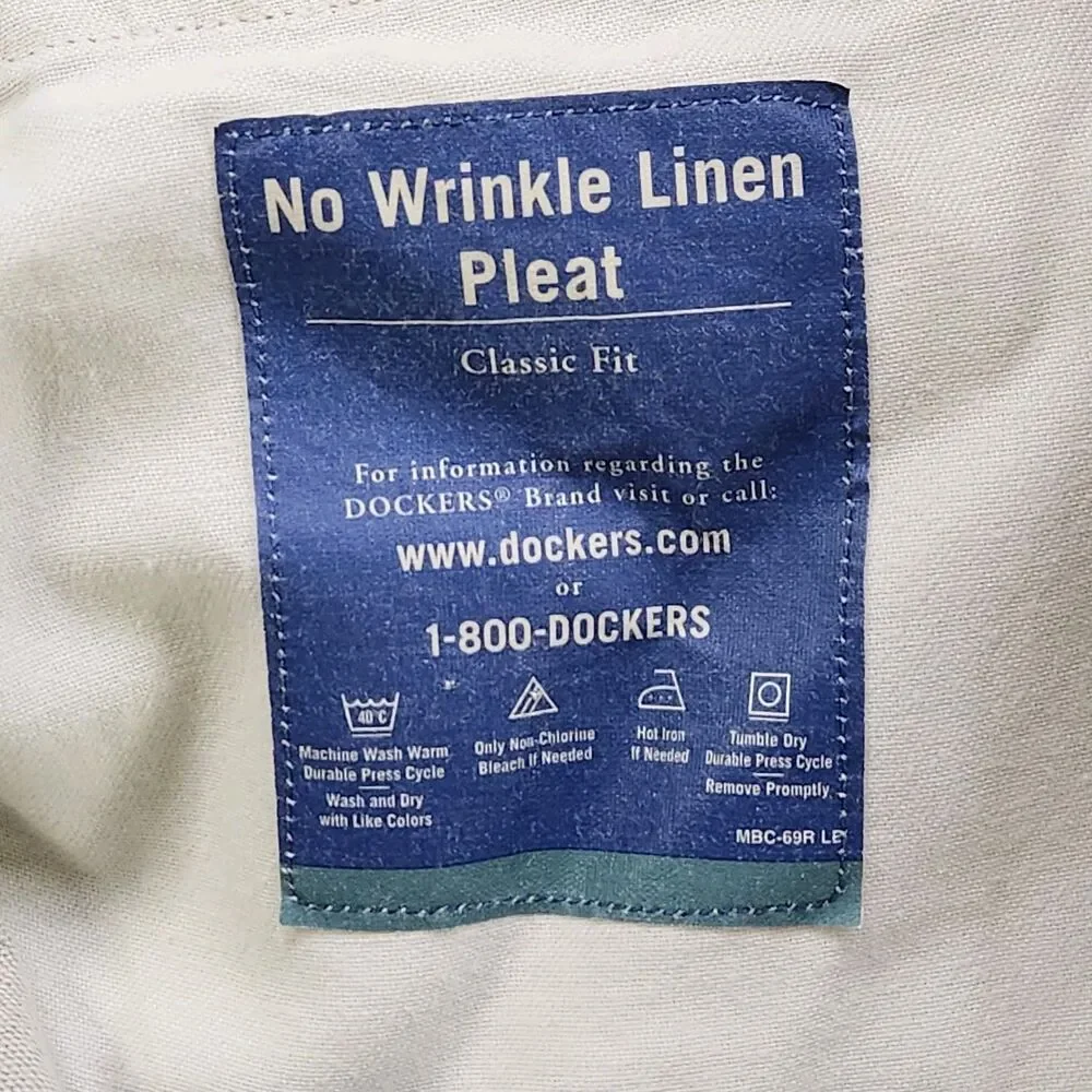 Dockers Linen Blend Pants Men's 34x32 Beige Pleated Cuffed Wrinkle Free Classic